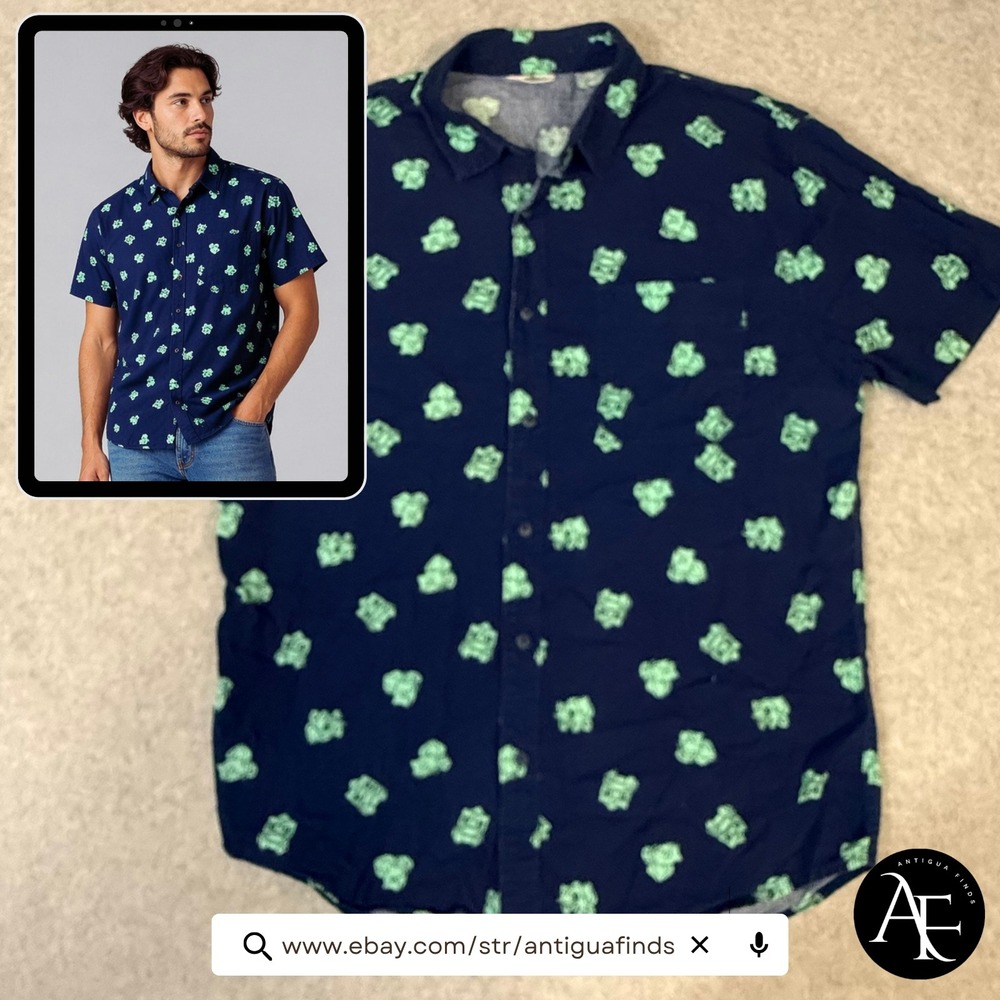 Pokemon Bulbasaur Navy Blue All Over Print Short Sleeve Button Down Shirt Mens M